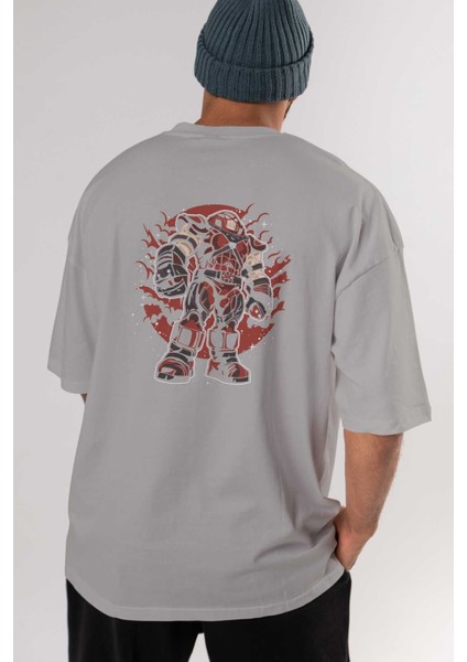 Jugernaut Arka Baskılı Gri Oversize T-Shirt Unisex Erkek Kadın Bisiklet Yaka indirimleri