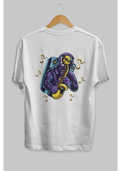 Astroskull Saxophonist Arka Baskılı Beyaz Oversize T-Shirt Erkek Kadın Bisiklet Yaka fiyatları