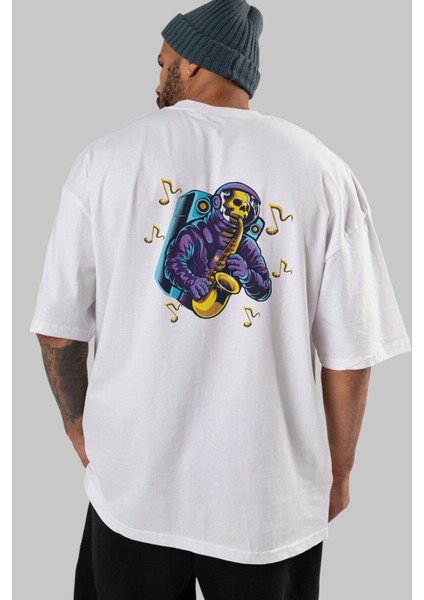Astroskull Saxophonist Arka Baskılı Beyaz Oversize T-Shirt Erkek Kadın Bisiklet Yaka modelleri