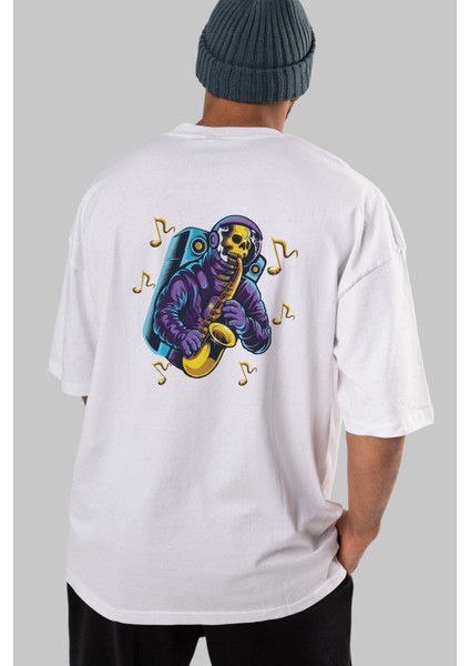 Astroskull Saxophonist Arka Baskılı Beyaz Oversize T-Shirt Erkek Kadın Bisiklet Yaka fırsatları