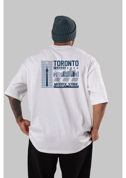 Toronto Arka Baskılı Beyaz Oversize T-Shirt Erkek Kadın Bisiklet Yaka