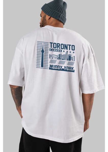 Toronto Arka Baskılı Beyaz Oversize T-Shirt Erkek Kadın Bisiklet Yaka fiyatları