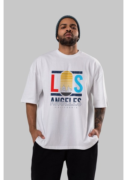 Los Angeles Ön Baskılı Beyaz Oversize T-Shirt Erkek Kadın Bisiklet Yaka indirimleri