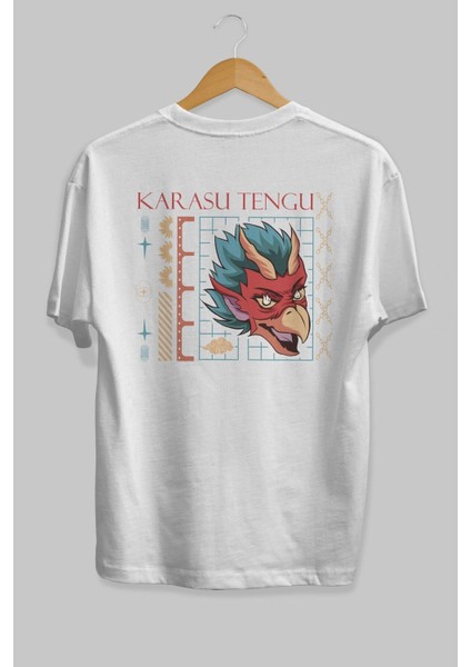 Karasu Tengu Arka Baskılı Beyaz Oversize T-Shirt Erkek Kadın Bisiklet Yaka modelleri