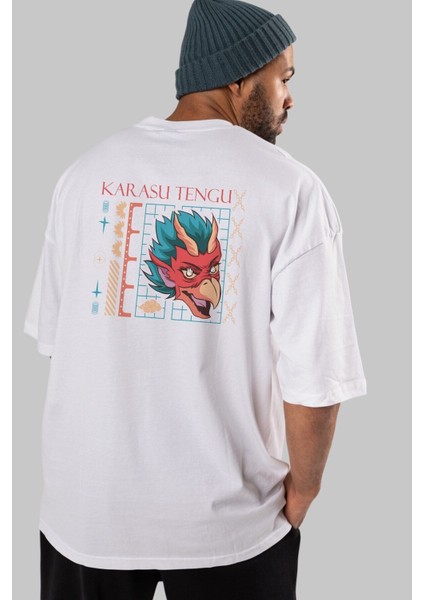 Karasu Tengu Arka Baskılı Beyaz Oversize T-Shirt Erkek Kadın Bisiklet Yaka indirimleri