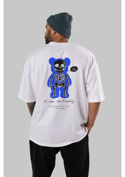 Be Happy Bear Arka Baskılı Beyaz Oversize T-Shirt Erkek Kadın Bisiklet Yaka fiyatları