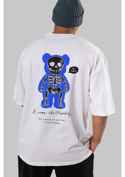 Be Happy Bear Arka Baskılı Beyaz Oversize T-Shirt Erkek Kadın Bisiklet Yaka modelleri