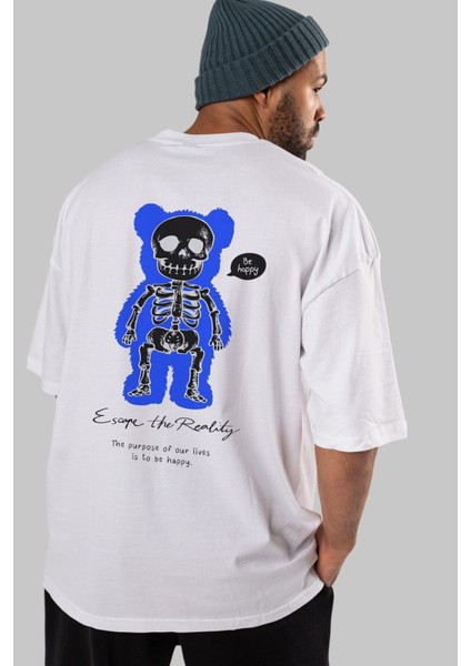 Be Happy Bear Arka Baskılı Beyaz Oversize T-Shirt Erkek Kadın Bisiklet Yaka fırsatları