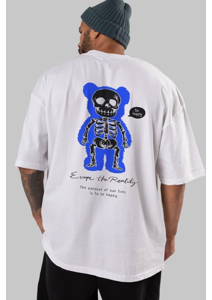 Be Happy Bear Arka Baskılı Beyaz Oversize T-Shirt Erkek Kadın Bisiklet Yaka indirimleri