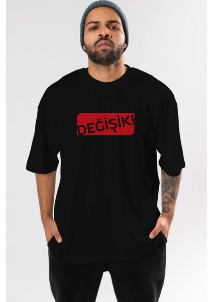 Değişik Ön Baskılı Siyah Oversize T-Shirt Erkek Kadın Bisiklet Yaka