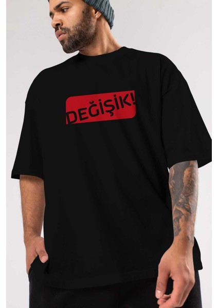 Değişik Ön Baskılı Siyah Oversize T-Shirt Erkek Kadın Bisiklet Yaka modelleri