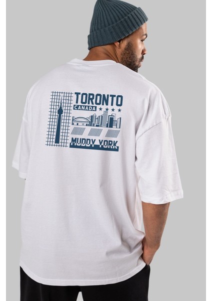Toronto Arka Baskılı Beyaz Oversize T-Shirt Erkek Kadın Bisiklet Yaka fırsatları