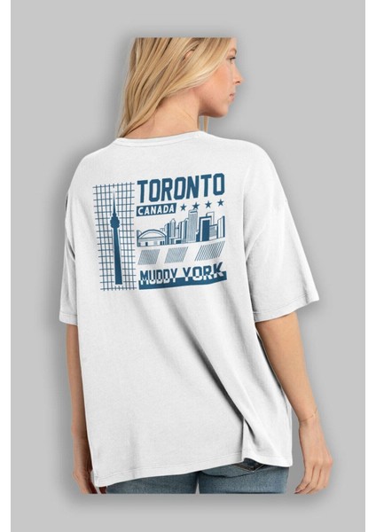 Toronto Arka Baskılı Beyaz Oversize T-Shirt Erkek Kadın Bisiklet Yaka indirimleri