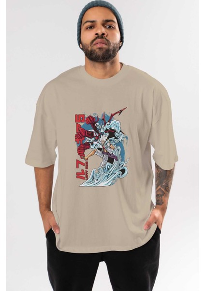 Monkey D. Luffy Gear5 2 Anime Ön Baskılı Bej Oversize T-Shirt Erkek Kadın