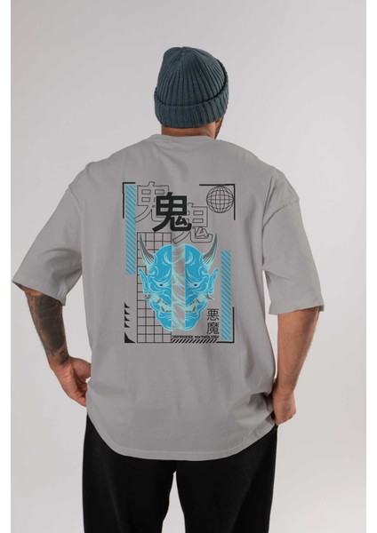 Japan Mythology Arka Baskılı Gri Oversize T-Shirt Unisex Erkek Kadın Bisiklet Yaka
