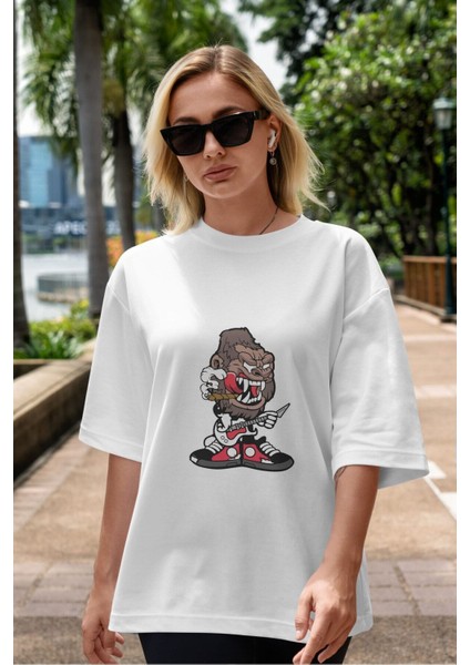 Gorilla Rock Star Ön Baskılı Beyaz Oversize T-Shirt Erkek Kadın Bisiklet Yaka