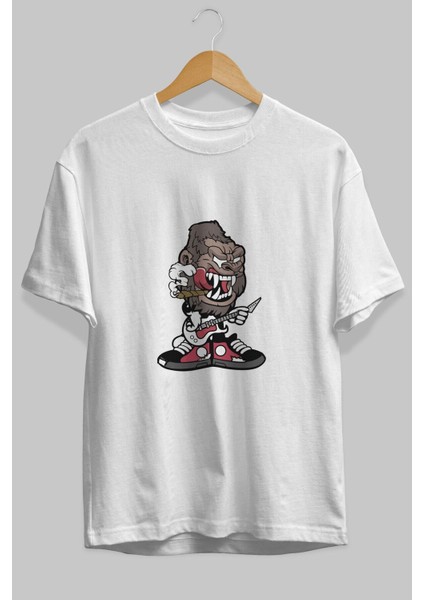 Gorilla Rock Star Ön Baskılı Beyaz Oversize T-Shirt Erkek Kadın Bisiklet Yaka