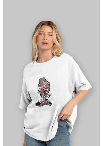Gorilla Rock Star Ön Baskılı Beyaz Oversize T-Shirt Erkek Kadın Bisiklet Yaka