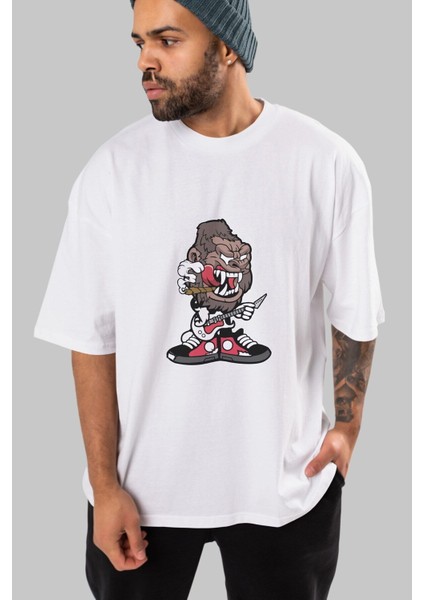 Gorilla Rock Star Ön Baskılı Beyaz Oversize T-Shirt Erkek Kadın Bisiklet Yaka