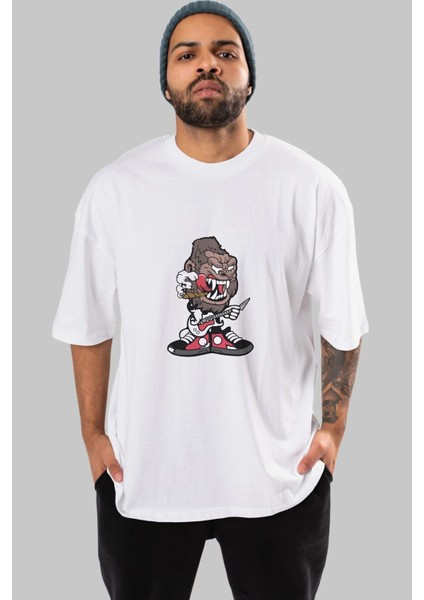 Gorilla Rock Star Ön Baskılı Beyaz Oversize T-Shirt Erkek Kadın Bisiklet Yaka