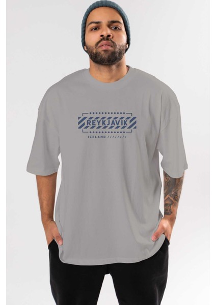 Reykjavik Ön Baskılı Gri Oversize T-Shirt Unisex Erkek Kadın Bisiklet Yaka