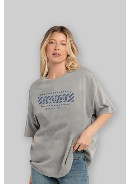 Reykjavik Ön Baskılı Gri Oversize T-Shirt Unisex Erkek Kadın Bisiklet Yaka fırsatları