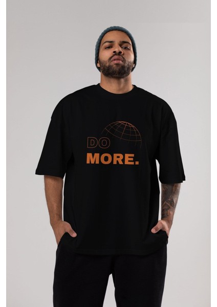 Do More Yazılı Ön Baskılı Siyah Oversize T-Shirt Erkek Kadın Bisiklet Yaka