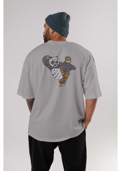 Warrior Panda Arka Baskılı Gri Oversize T-Shirt Unisex Erkek Kadın Bisiklet Yaka fırsatları