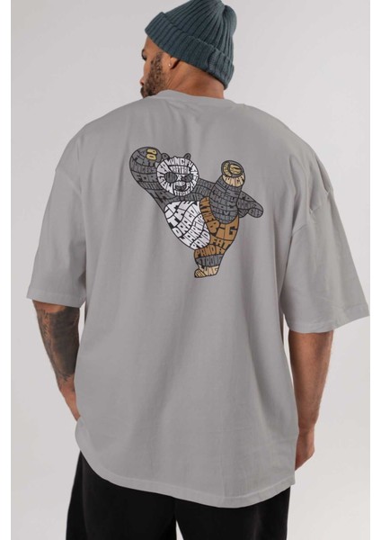 Warrior Panda Arka Baskılı Gri Oversize T-Shirt Unisex Erkek Kadın Bisiklet Yaka indirimleri