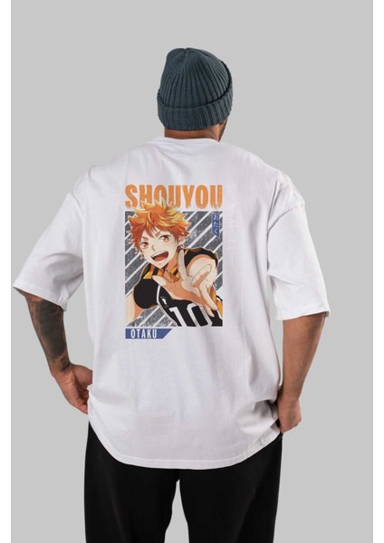 Shouyou Hinata 9 Anime Arka Baskılı Beyaz Oversize T-Shirt Pamuk Erkek Kadın