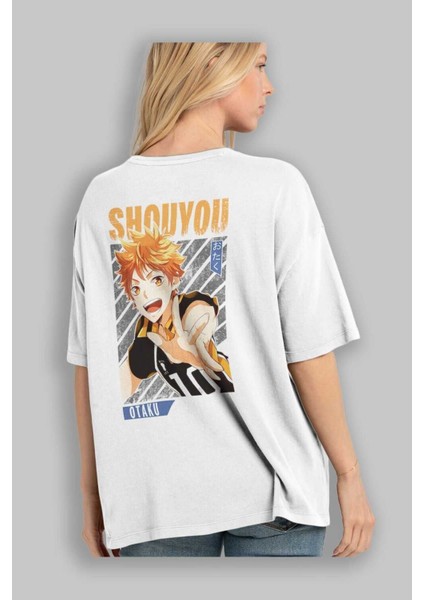 Shouyou Hinata 9 Anime Arka Baskılı Beyaz Oversize T-Shirt Pamuk Erkek Kadın modelleri