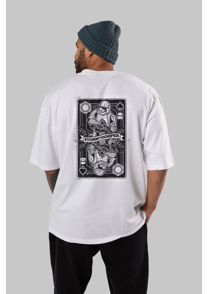 Stormtrooper Playing Card Arka Baskılı Beyaz Oversize T-Shirt Erkek Kadın Bisiklet Yaka