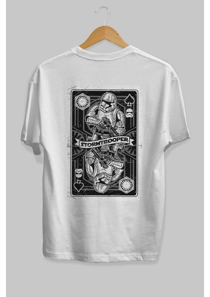 Stormtrooper Playing Card Arka Baskılı Beyaz Oversize T-Shirt Erkek Kadın Bisiklet Yaka fiyatları