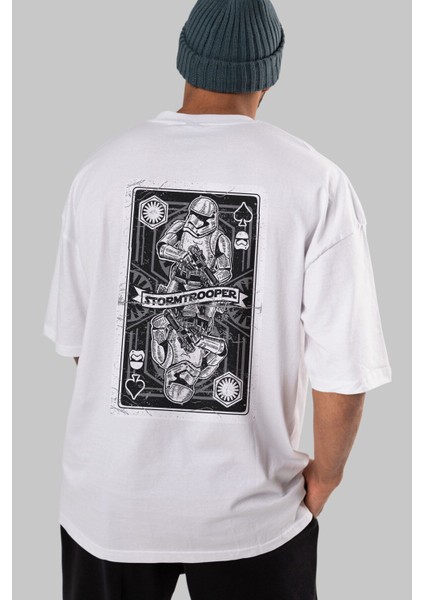 Stormtrooper Playing Card Arka Baskılı Beyaz Oversize T-Shirt Erkek Kadın Bisiklet Yaka modelleri