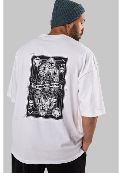 Stormtrooper Playing Card Arka Baskılı Beyaz Oversize T-Shirt Erkek Kadın Bisiklet Yaka indirimleri