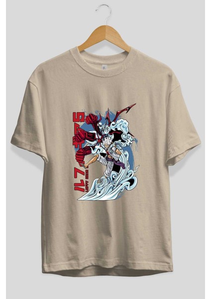 Monkey D. Luffy Gear5 2 Anime Ön Baskılı Bej Oversize T-Shirt Erkek Kadın