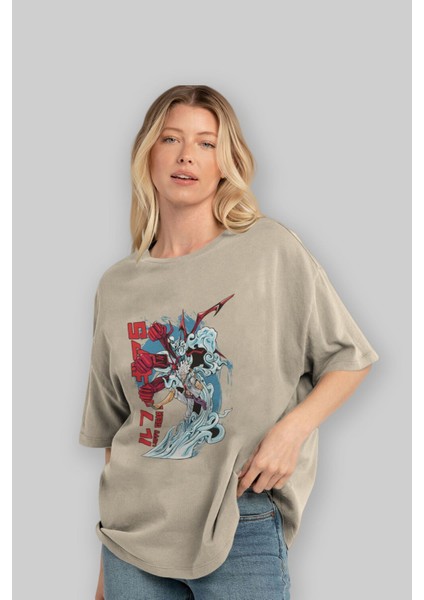 Monkey D. Luffy Gear5 2 Anime Ön Baskılı Bej Oversize T-Shirt Erkek Kadın