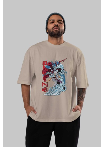 Monkey D. Luffy Gear5 2 Anime Ön Baskılı Bej Oversize T-Shirt Erkek Kadın