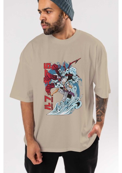 Monkey D. Luffy Gear5 2 Anime Ön Baskılı Bej Oversize T-Shirt Erkek Kadın