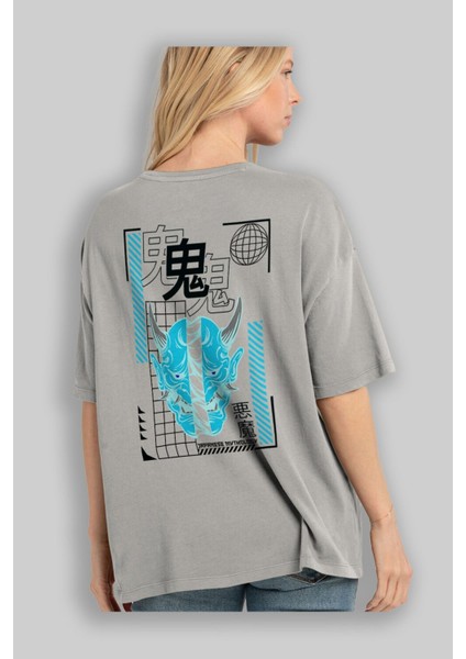 Japan Mythology Arka Baskılı Gri Oversize T-Shirt Unisex Erkek Kadın Bisiklet Yaka modelleri