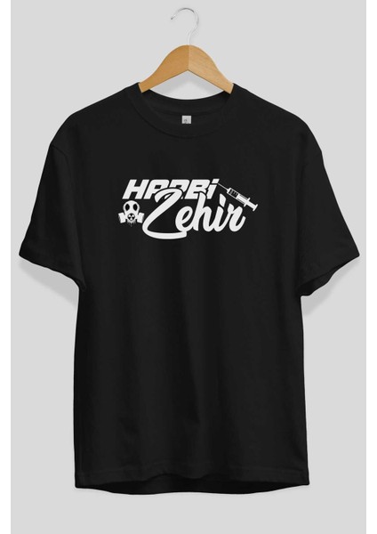 Harbi Zehir Ön Baskılı Siyah Oversize T-Shirt Erkek Kadın Bisiklet Yaka