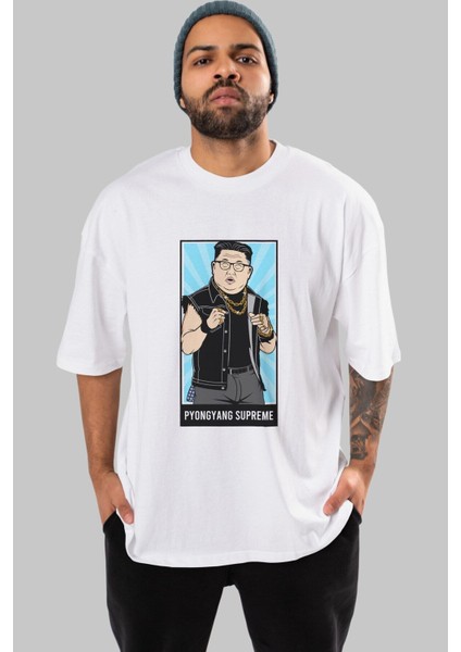 Kim Jong Un Supreme Ön Baskılı Beyaz Oversize T-Shirt Erkek Kadın Bisiklet Yaka