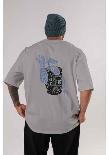 Salt Bae Arka Baskılı Gri Oversize T-Shirt Unisex Erkek Kadın Bisiklet Yaka