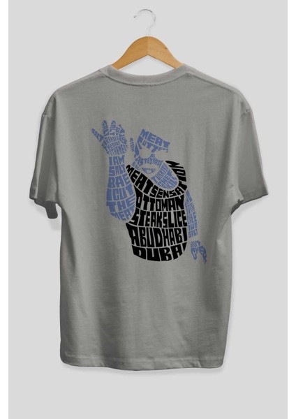 Salt Bae Arka Baskılı Gri Oversize T-Shirt Unisex Erkek Kadın Bisiklet Yaka fiyatları