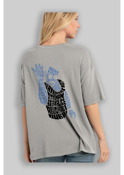 Salt Bae Arka Baskılı Gri Oversize T-Shirt Unisex Erkek Kadın Bisiklet Yaka modelleri