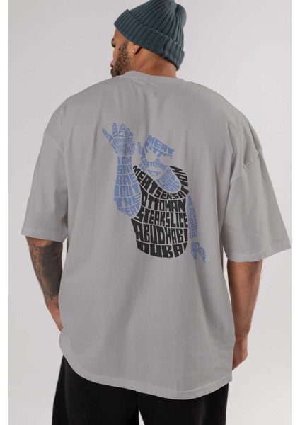 Salt Bae Arka Baskılı Gri Oversize T-Shirt Unisex Erkek Kadın Bisiklet Yaka indirimleri