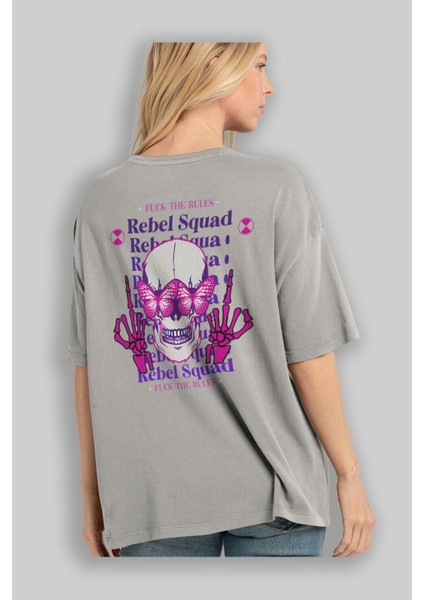 Rebel Squad Arka Baskılı Gri Oversize T-Shirt Unisex Erkek Kadın Bisiklet Yaka modelleri