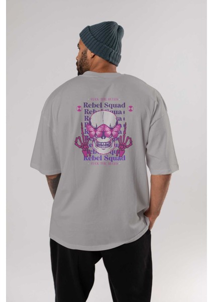 Rebel Squad Arka Baskılı Gri Oversize T-Shirt Unisex Erkek Kadın Bisiklet Yaka fırsatları