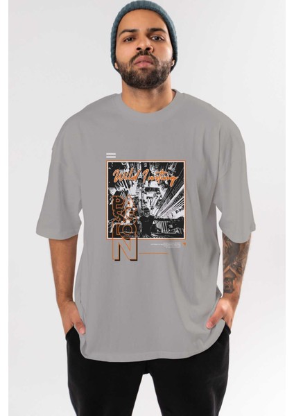 Wild Passion Ön Baskılı Gri Oversize T-Shirt Unisex Erkek Kadın Bisiklet Yaka
