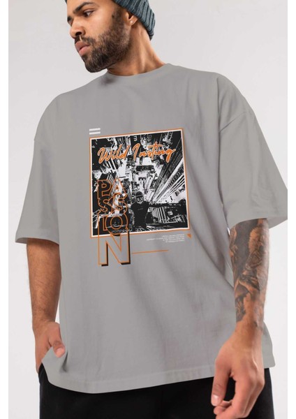 Wild Passion Ön Baskılı Gri Oversize T-Shirt Unisex Erkek Kadın Bisiklet Yaka modelleri